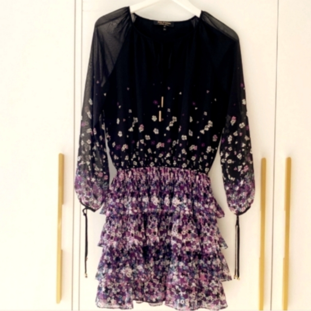 New Juicy Couture Floral Black and Purple Tier Dress In Size Extra Small